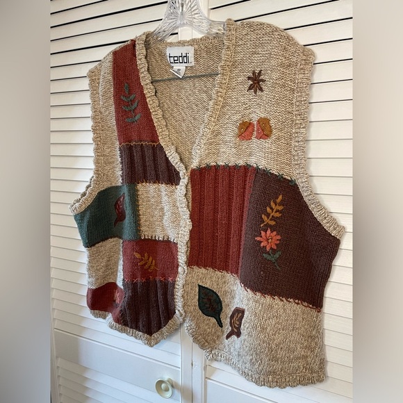 Vintage Teddi Woven Vest Button Down Fall Embroidered Patchwork Brown Green 2X - Picture 5 of 16